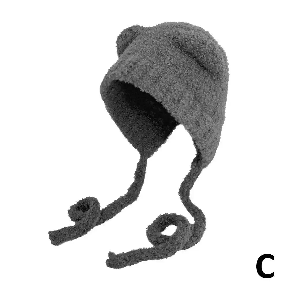 Plush Beanies Cute Bear Ear Wool Hat Warm Lace-up Gorros Knitting Cap Bonnets Protection Bomber Korea Ear Knit X4L2