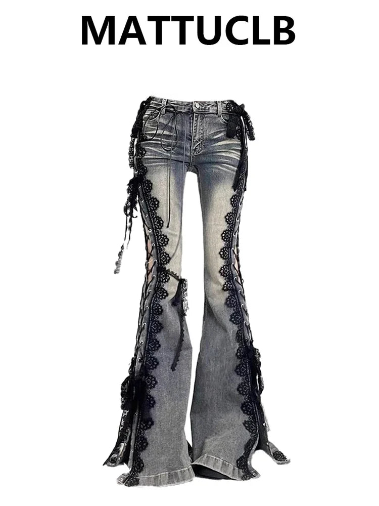 Dark Academia Goblin Core Harajuku Y2K Low Rise Lace Jeans Abi Denim Flare Pants Bell-Bottom Y2k Japanese Goth Gyaru Kpop