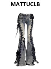 Dark Academia Goblin Core Harajuku Y2K Low Rise Lace Jeans Abi Denim Flare Pants Bell-Bottom Y2k Japanese Goth Gyaru Kpop
