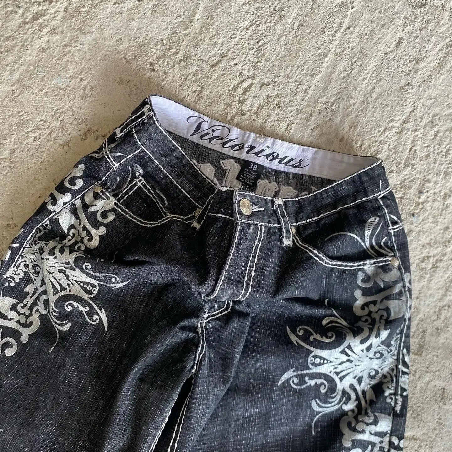 Streetwear American Denim Shortss Hip Hop Embroidery Printed Loose Shorts Gothic Retro Casual Basketball Shorts