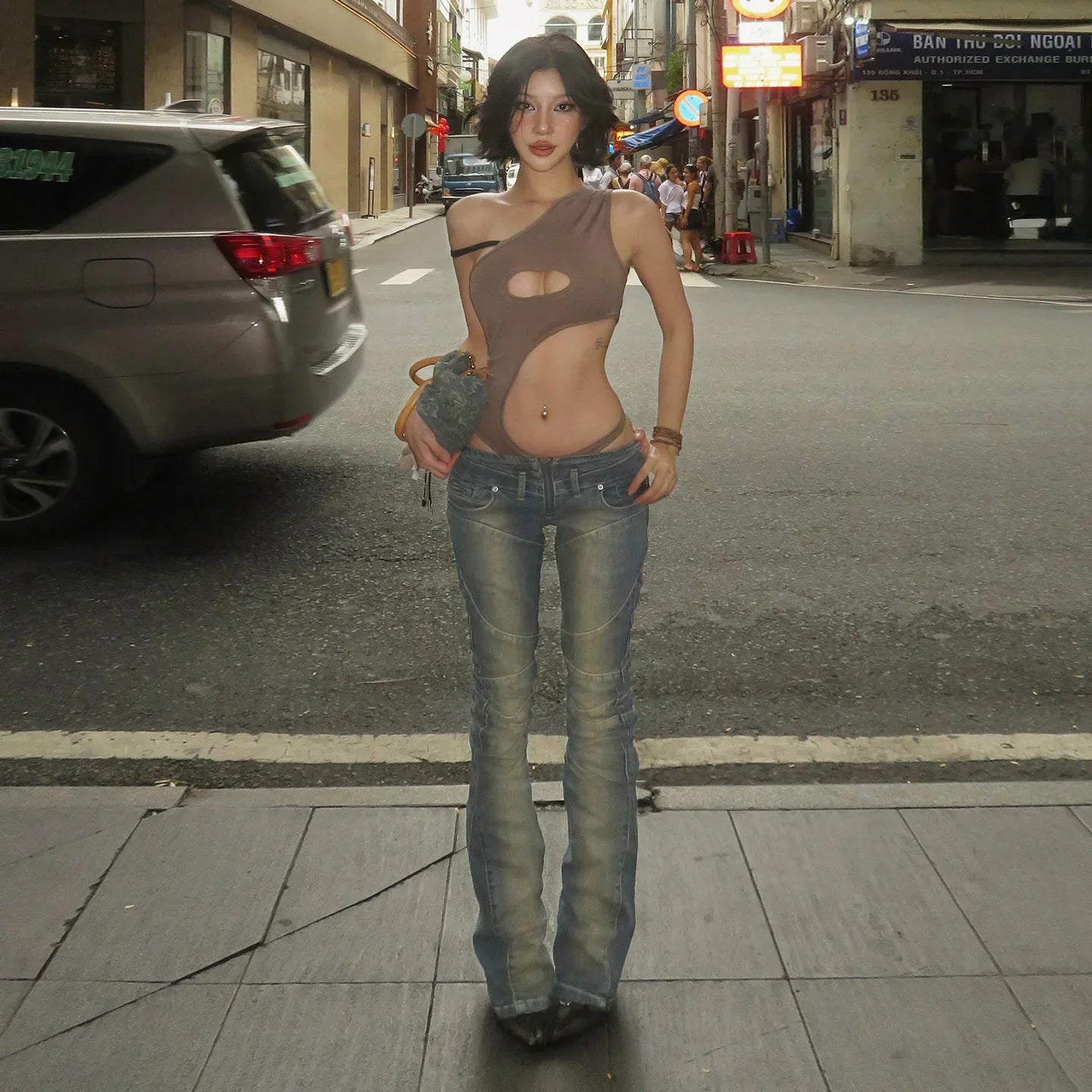 Y2K Vintage Pants American Retro Split Jeans Swing Festive Style Splicing High Street Slim Fit Straight Leg Low Waist