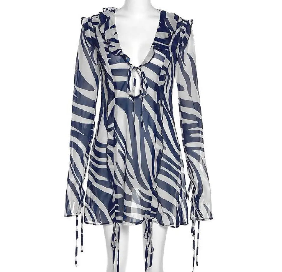 Yiiciovy Blue Striped See-through Bikini Cover-Ups Lace Up V-neck Beachwear Bathing Dress Cover-Ups Swimwears