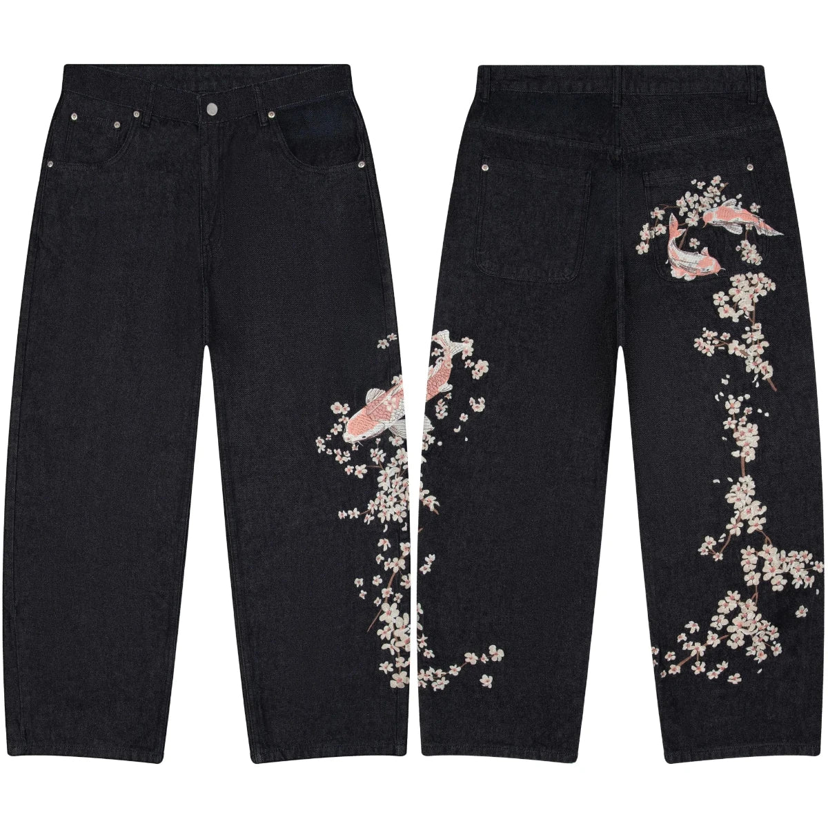 American Style Loose Jeans Gothic Punk Carp Cherry Blossom Embroidery Casual Straight Wide Leg Jeans Streetwear