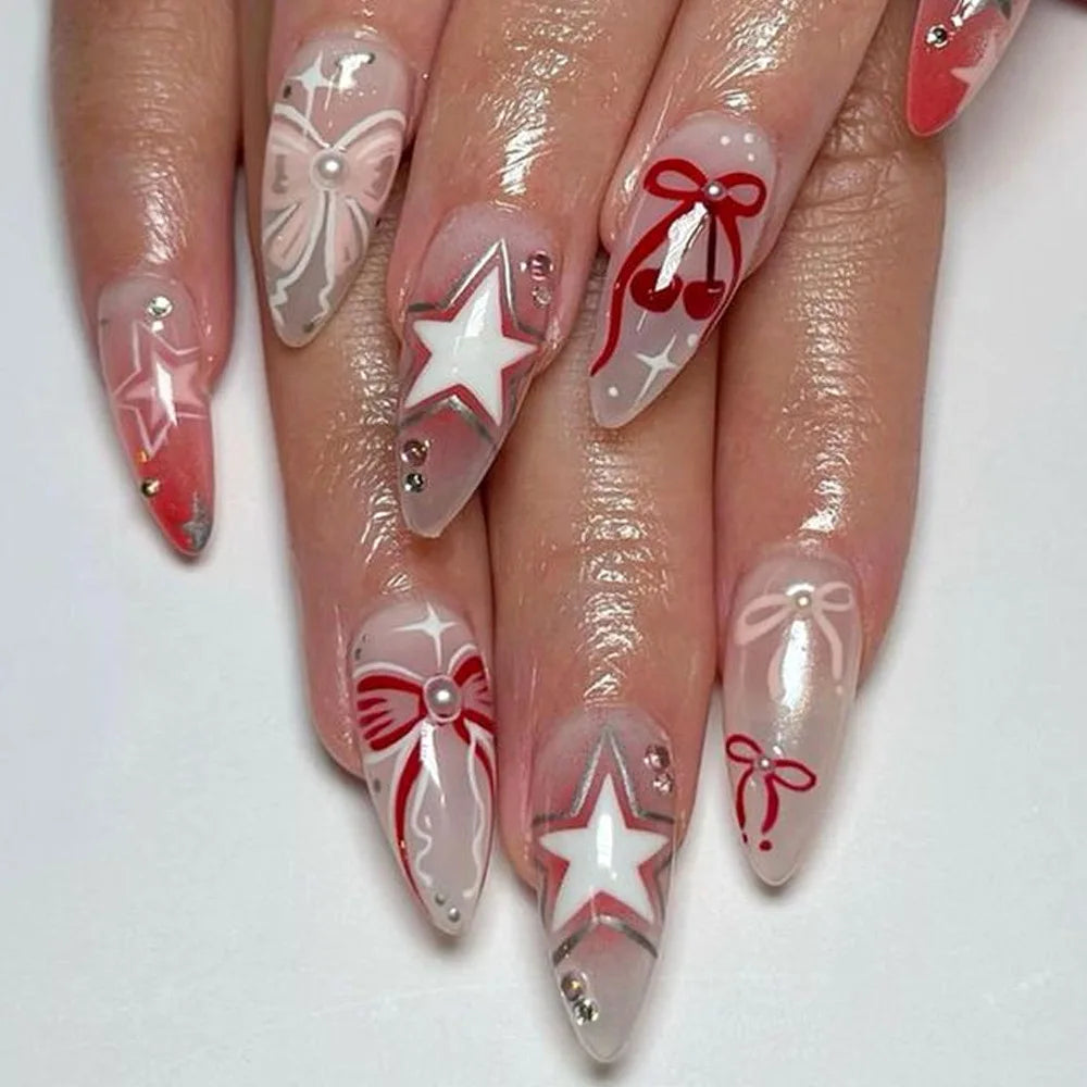 24pcs Sweet Letter Press On Nails Cute Cherry Bowknots Ladybug Strawberry Decor False Nails Blush Pink Almond Fake Nail