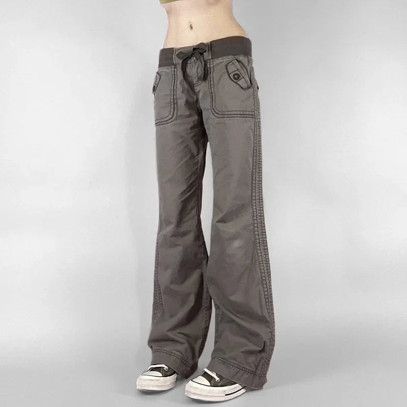 Retro Lace-up Low Rise Pants Streetwear Patchwork Loose Casual