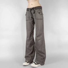 Retro Lace-up Low Rise Pants Streetwear Patchwork Loose Casual