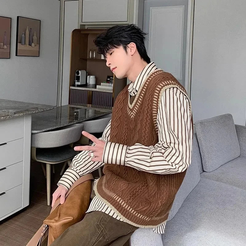 Arrival Preppy Style Cable Knit Vest Sweater Casual V-neck Top Korean Version Loose-fit Top