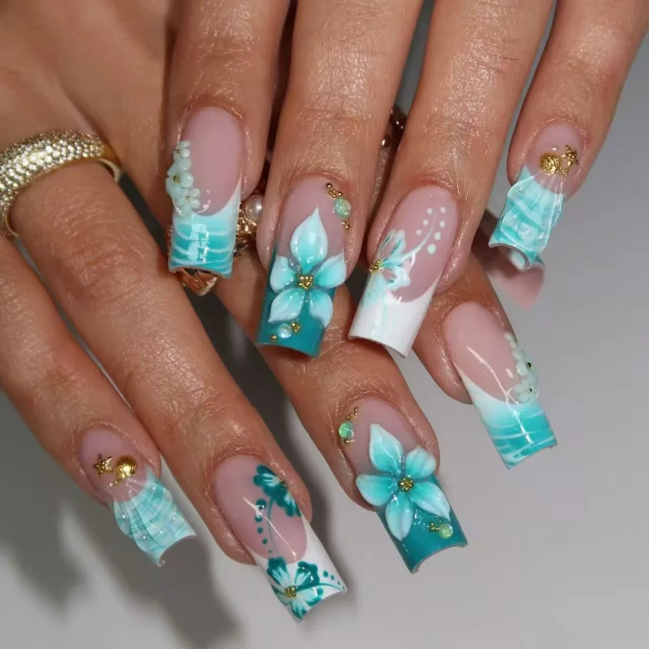 24pcs Fresh Long Coffin Fake Nails Yellow French Style Flower Printed Metal Butterfly Designs Press On Nails False Nail