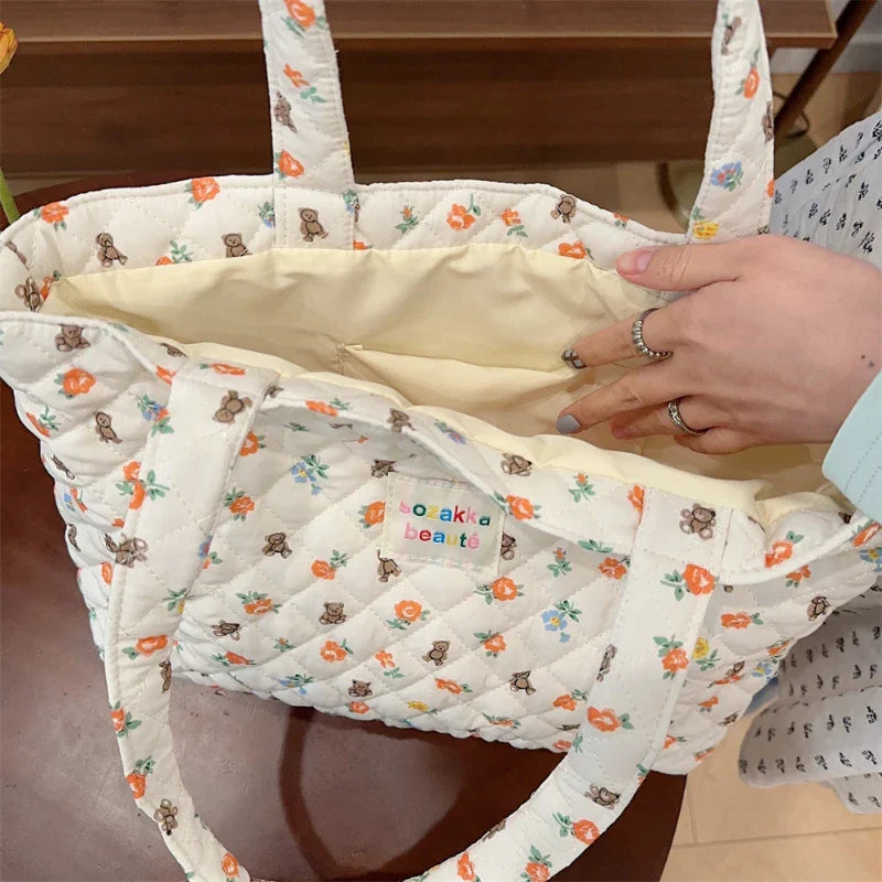 Cartoon Print Shoulder Bag Large Capacity Ladies Tote Handbags Soft Quilted Travel Shopping Bags Girls Book Bag