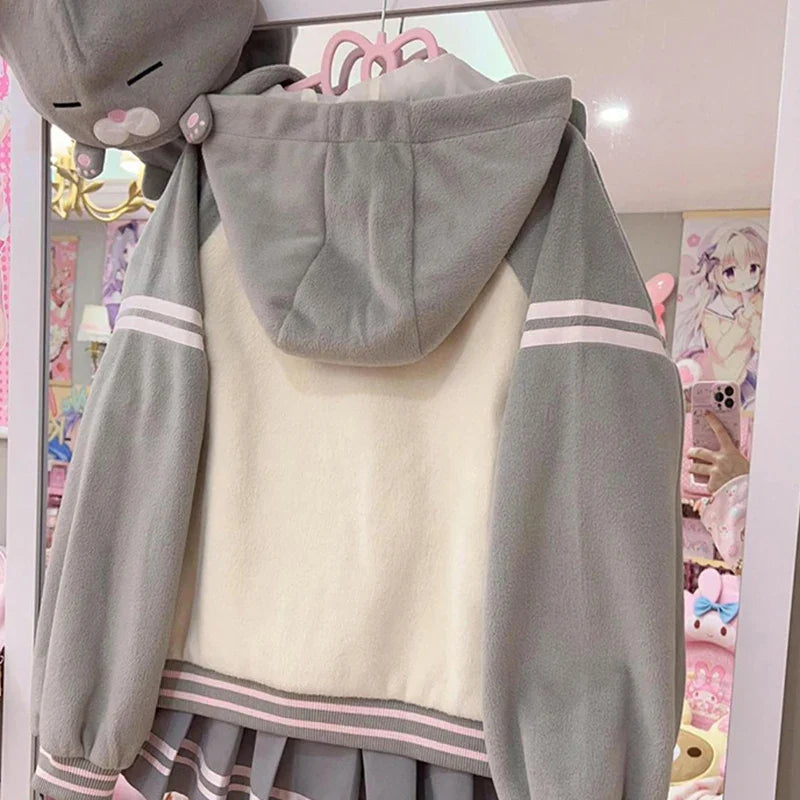 Japan Subculture Hooded Sweatshirt Single Breasted Long Sleeve Patchwork Coat Preppy Style Sweet Fall Casual Outwear