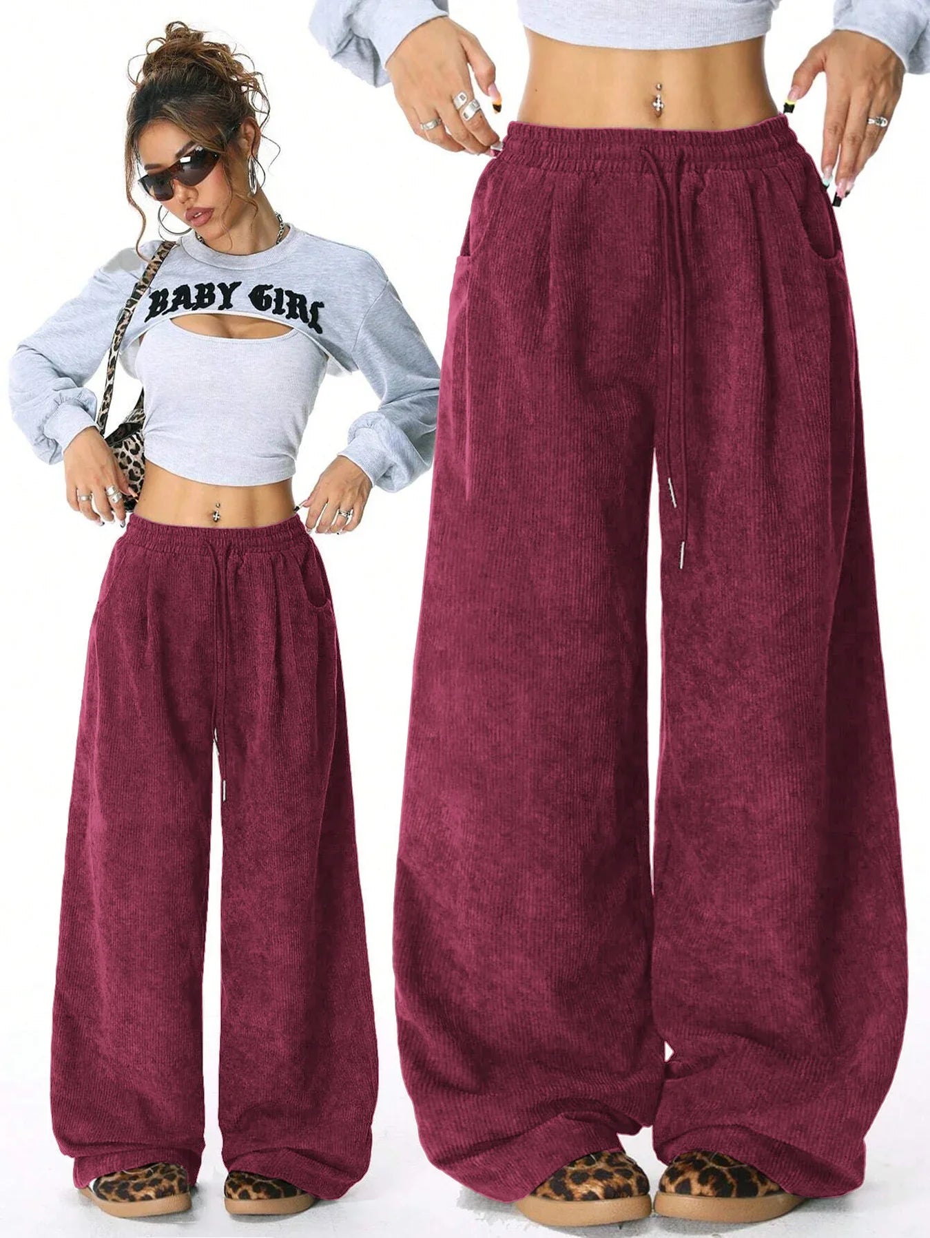 Retro Corduroy Cargo Pants Casual Drawstring Straight Sports Pants Drape Daily Commuting Wide Leg Pants