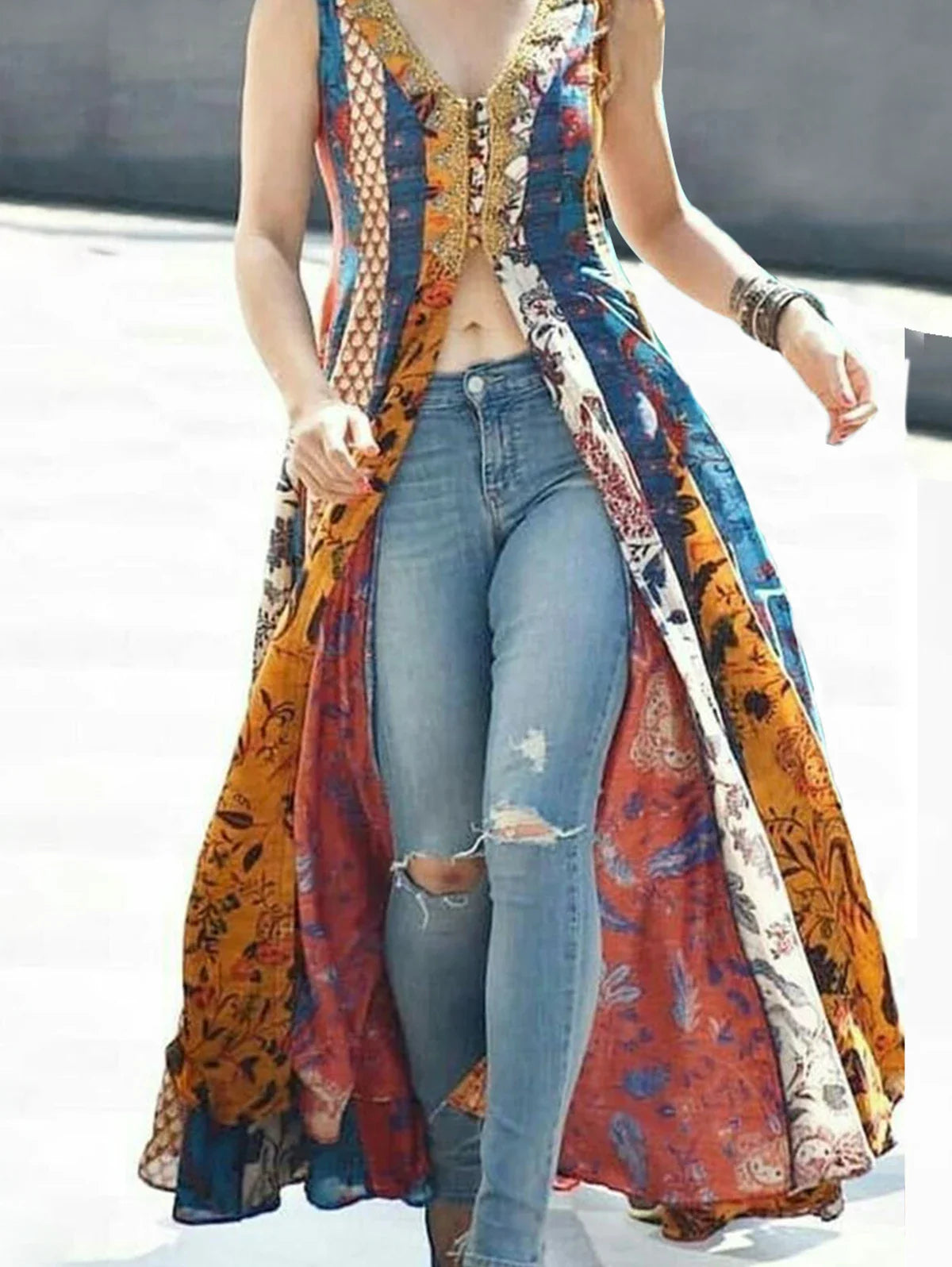Tank Dress Floral Printing Split Indie Folk Vintage Sleeveless Casual High Street Retro V-Neck Long Dress
