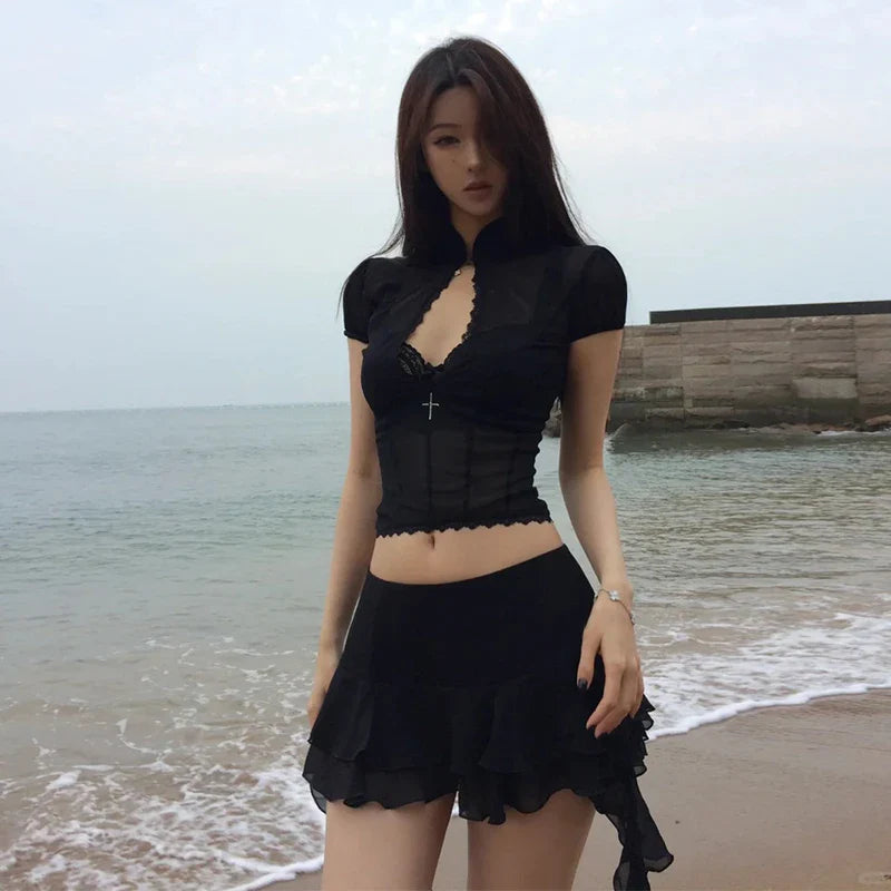 Y2k American Girls Two-Piece Suit Hollow Lace Mesh Shirt Irregular Mini Shirt Retro Causal Skirt Suits