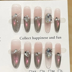 Sweet Lovely Cartoon Bear Long Coffin Stiletto Fake Nails Bowknot Pearl Diamond Flowers Cat Eyes Wearable Fake Nails