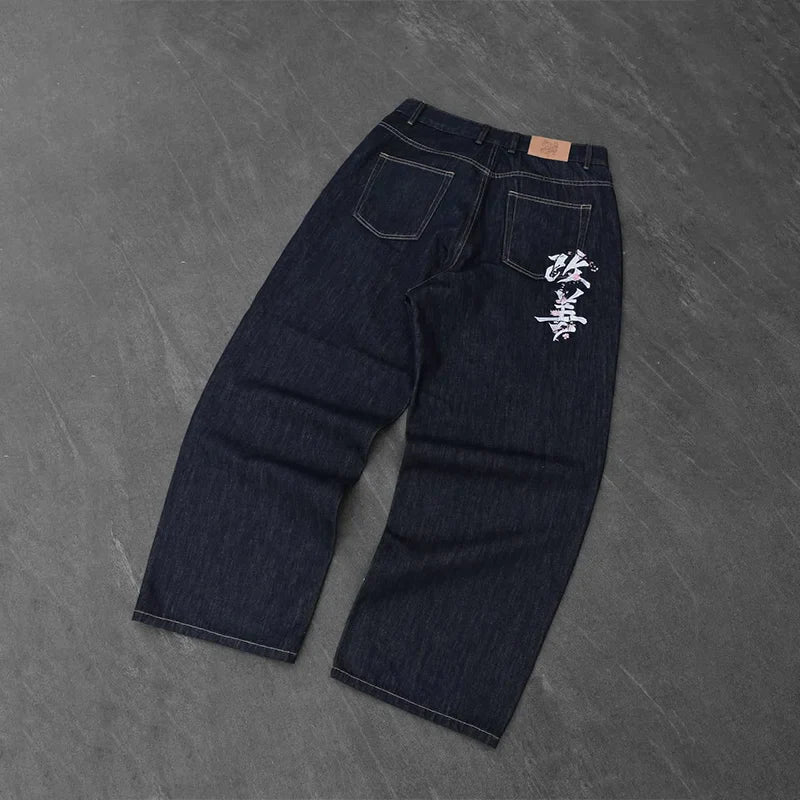 White Chinese Character Pattern Embroidery Pocket High Waist Loose Dark Straight Leg Jeans Y2K Retro Casual Streetwear
