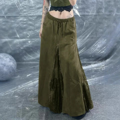 Low Waist A- Line Skirt Vintage Green Lace Patchwork Floor Length Heavy Zipper Half Body Skirt Romantic Green Wilderness Fairy T