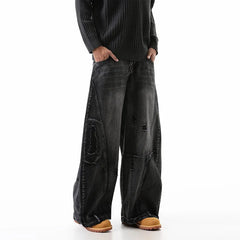 Korean Retro Plus Size Ripped Jeans Wide Leg Curved Pantsable Casual Loose Straight Leg Pants