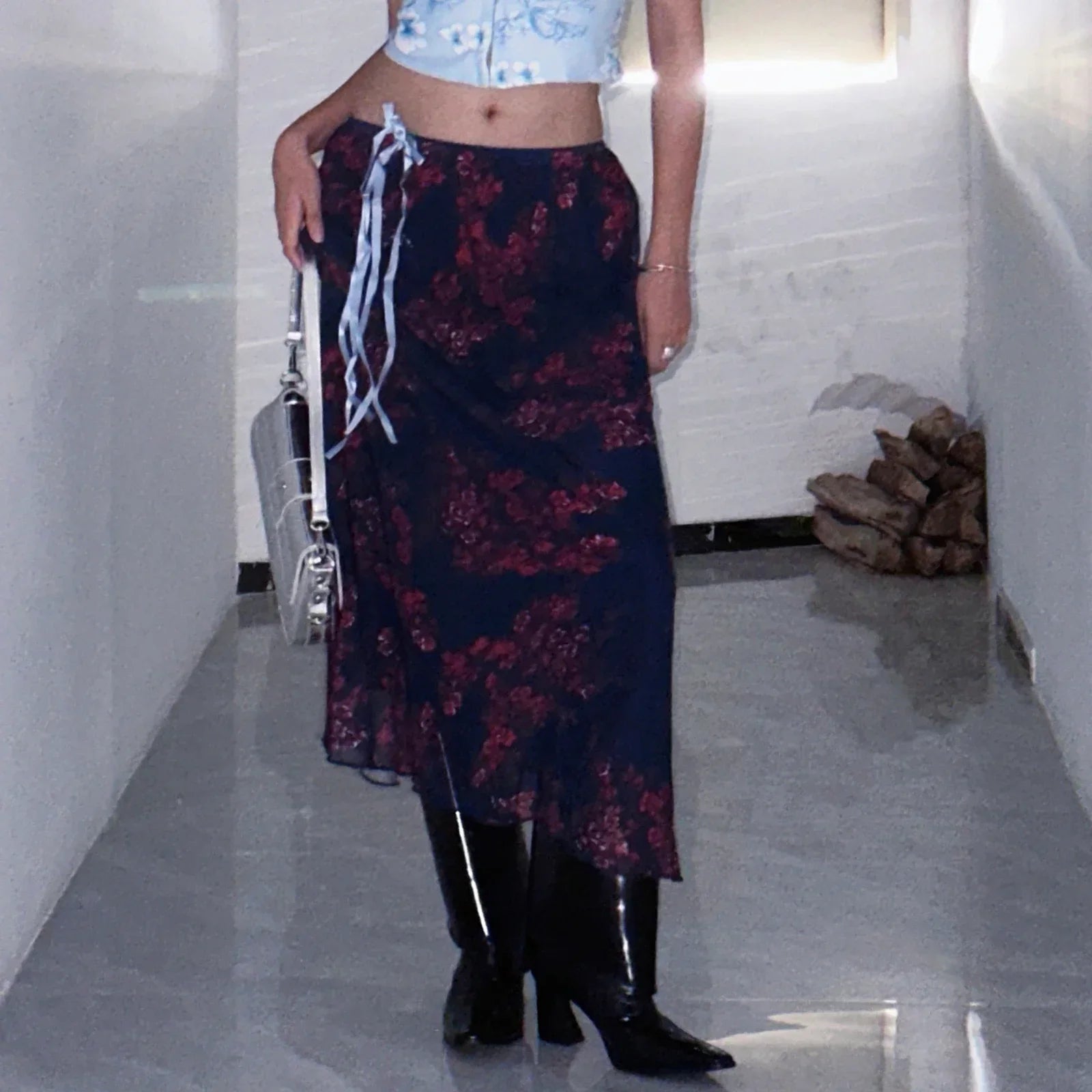 Combhasaki Y2K Retro Vintage Floral Printed High Waist Ruffled Elegant Elastic Waist Long Skirts Street Style Bottoms