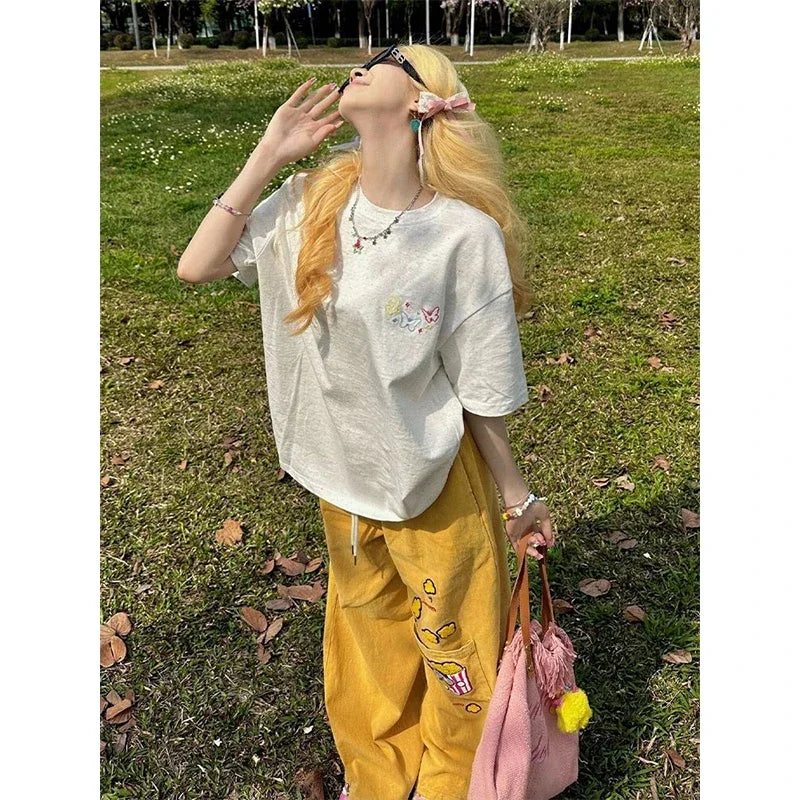 Y2K Cargo Pants Oversized Embroidery Sweatpants Harajuku High Waist Wide Leg Joggers Streetwear Korean Baggy Trousers New