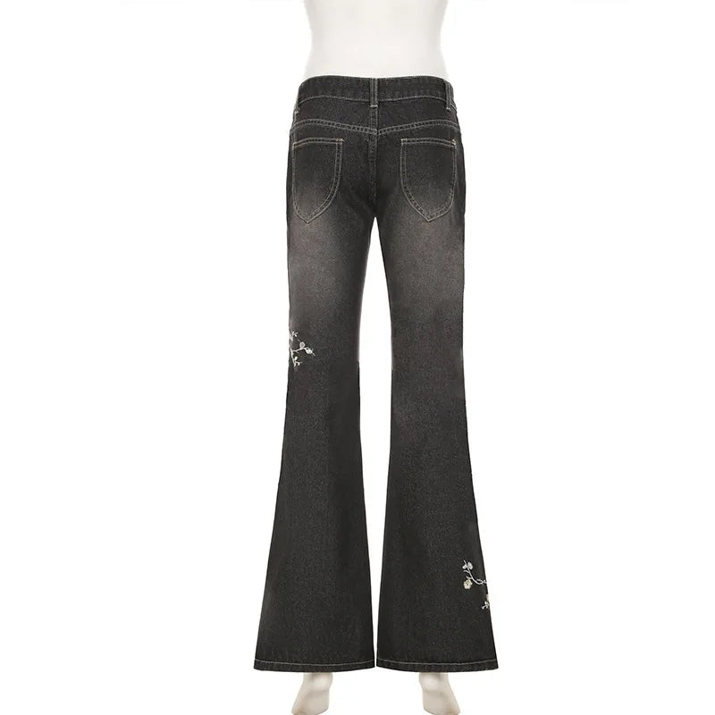 Floral Embroidery Jeans Vintage 2000s Low Rise Flared Jeans Retro Y2k Baggy Denim Pants High Street Basic Trousers