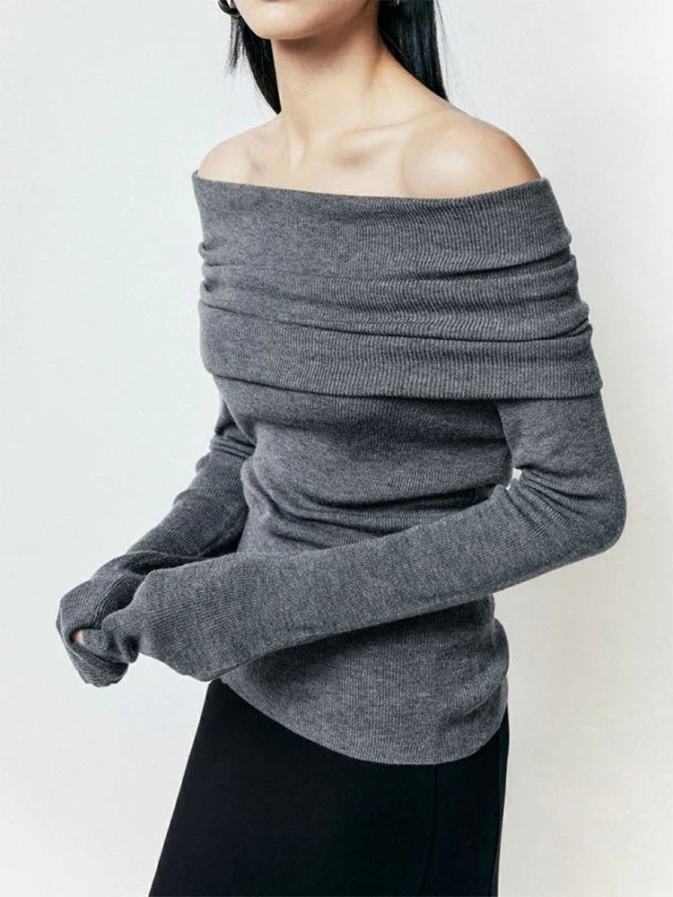 Slash Neck Sweater Tops Knitted Slim Basic All-match Elegant Off Shoulder Long Sleeve Pullovers Female