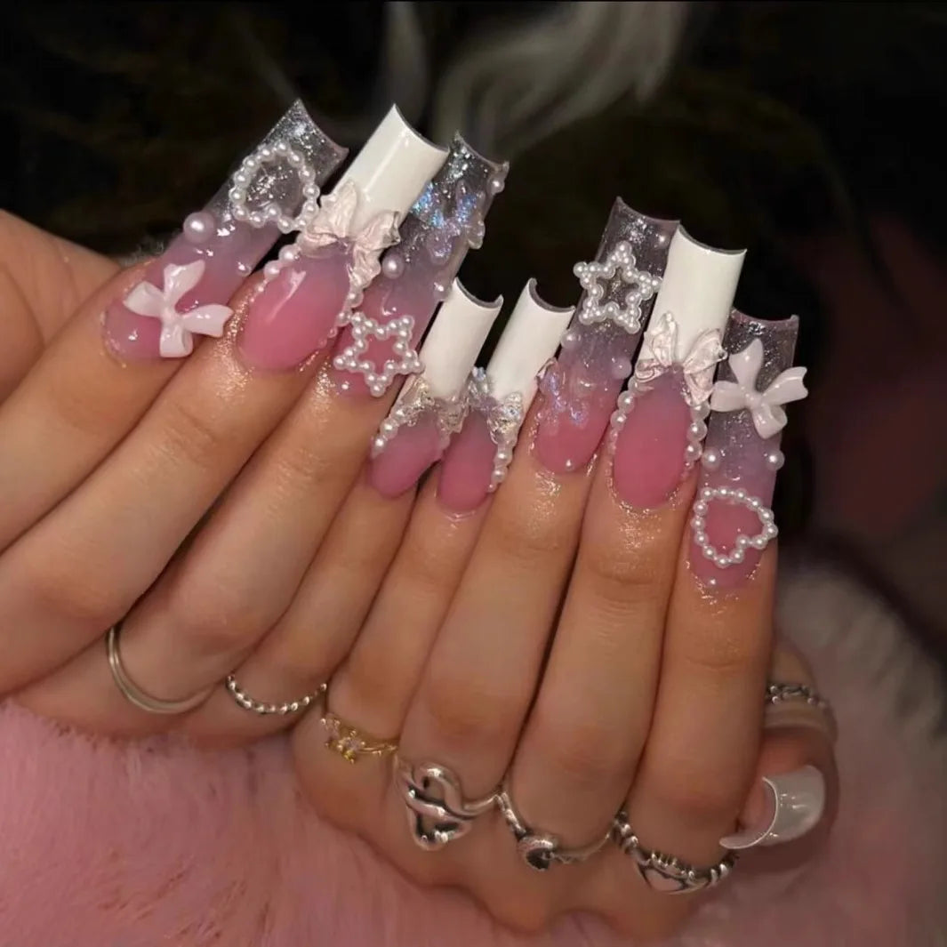 24pcs Rhinestones Full Cover Nail Art Datachable Glitter French Press on Nails Tip Flower Long Square Fake Nail Pink False Nails