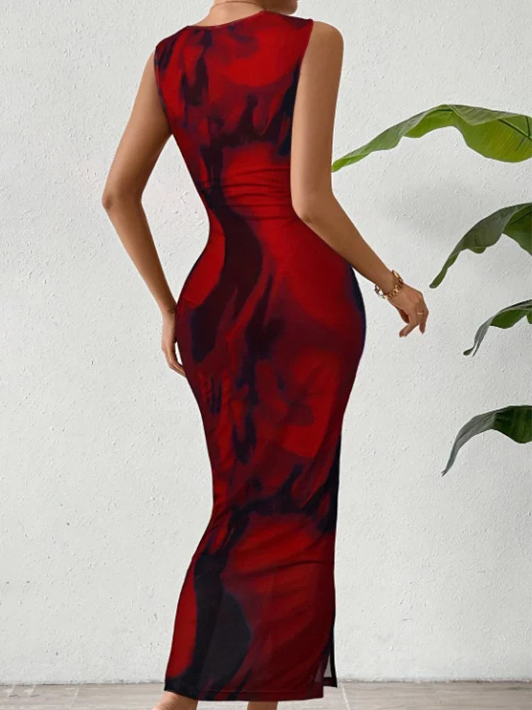 Slim Fit Dressable Printed Pattern High Elasticity Tight Fitting Sleeveless Evening Dress