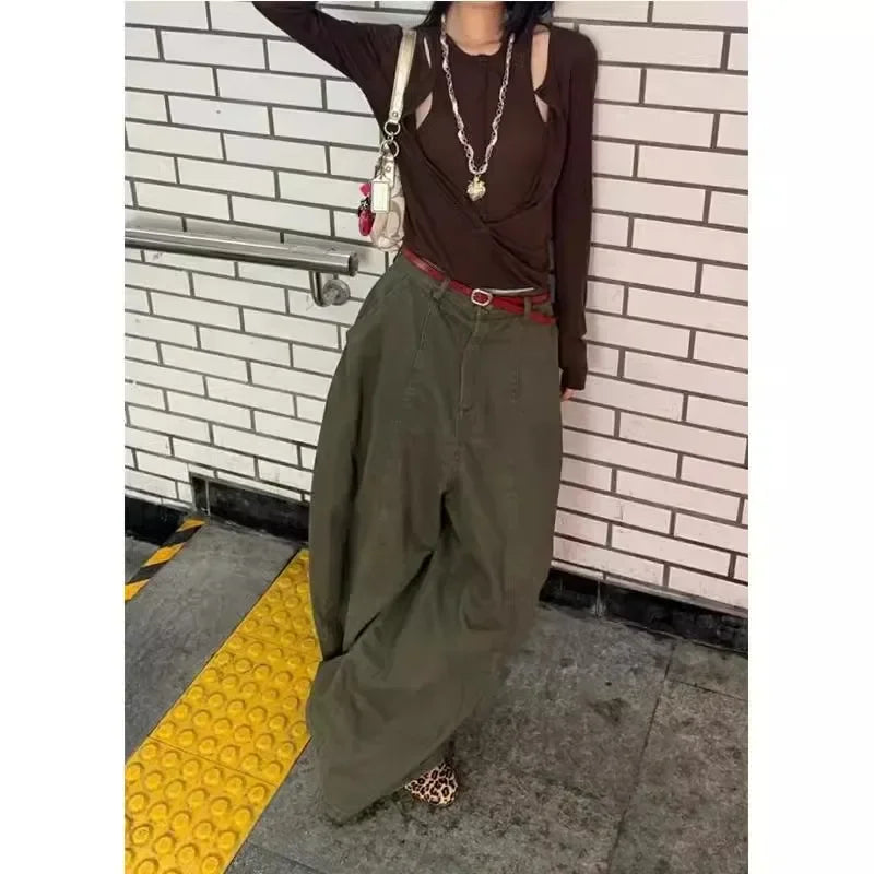 Loose Knife Edge High Waist Straight Leg Denim Jeans American Retro Silhouette Long Trousers