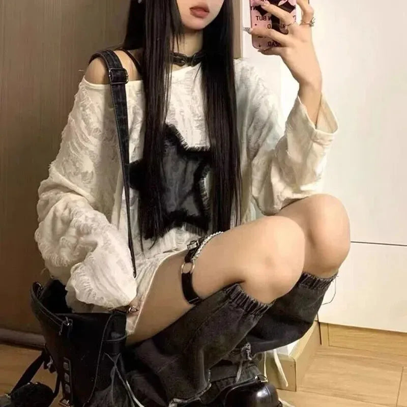 Y2K Hole Star Print T-Shirt Streetwear Off Shoulder Tops Oversized Kpop Long Sleeve Loose Tees Ladies New