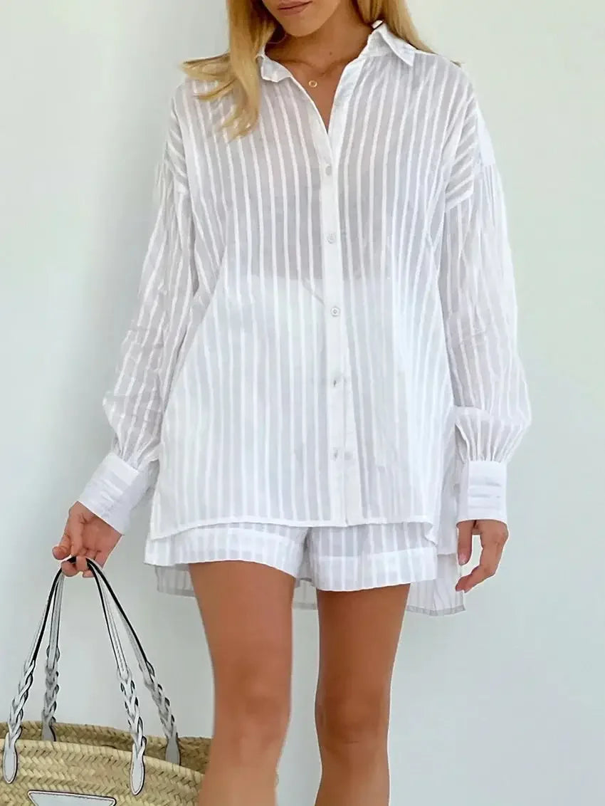 Wolfeel Casual Shorts Sets Striped Jacquard 2 Pieces Cozy Lapel Lantern Sleeve Shirt Outfit Elastic Waist Shorts Suits