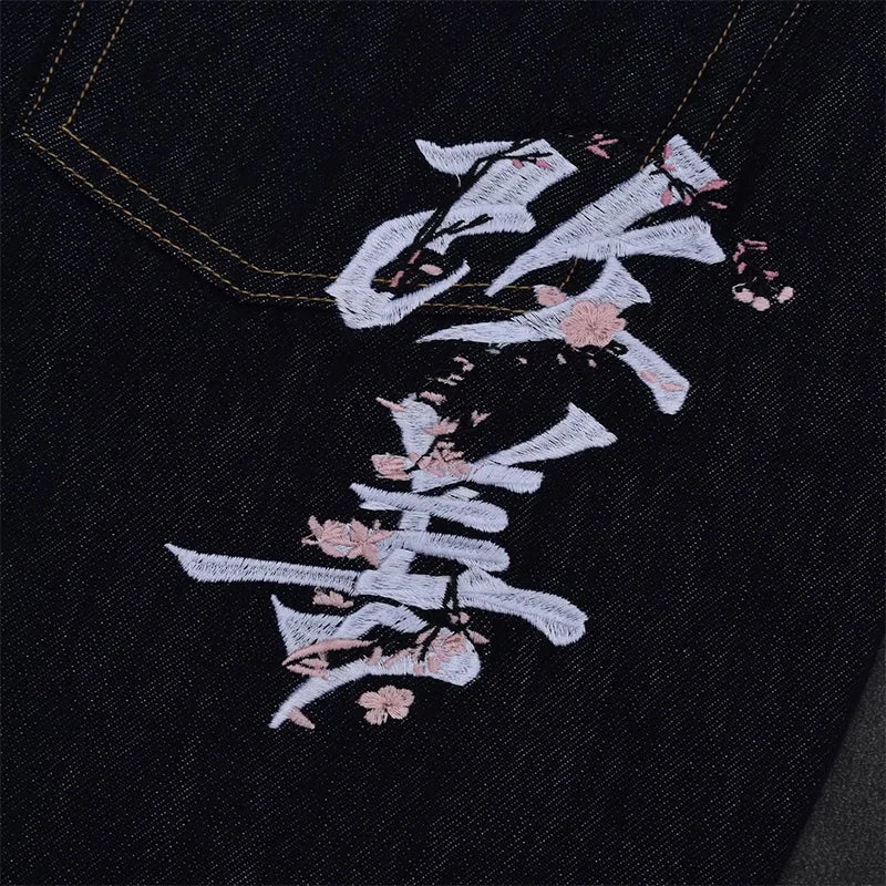 White Chinese Character Pattern Embroidery Pocket High Waist Loose Dark Straight Leg Jeans Y2K Retro Casual Streetwear