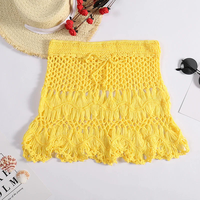Handmade Crochet Hollow Out Swimwear Cover Up Solid Color Drawstring Short Skirt Holiday Knitting Sweet Beachwear