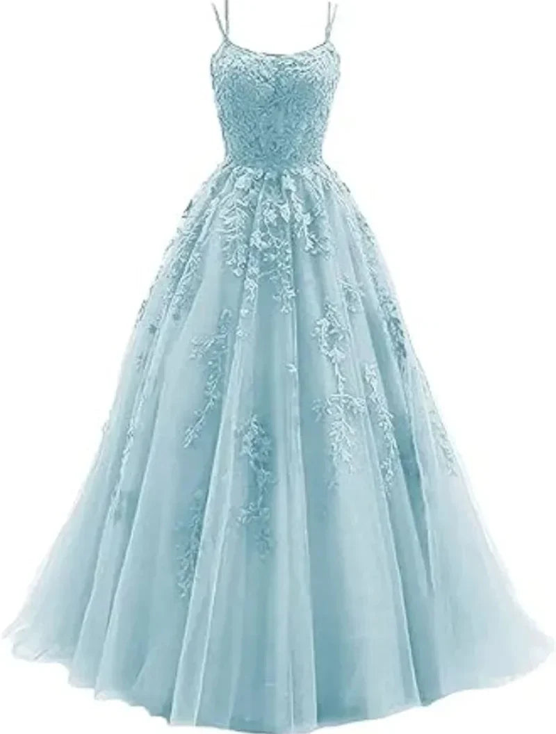 Tulle Spaghetti Straps Prom Dresses Long Lace Appliques Ball Gowns