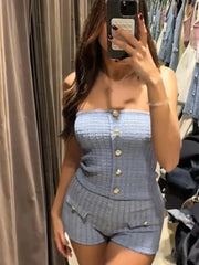 Elegant Knitted Two Pieces Set Single-breasted Tube Top Hip Package Pockets Shorts Casual Lady Suit