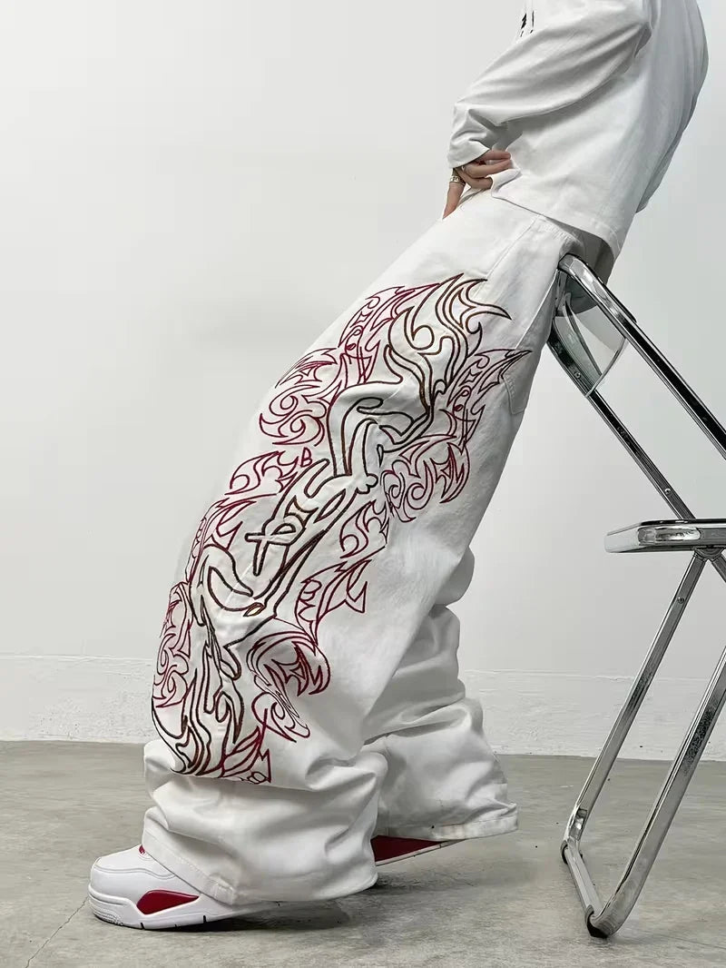 Unisex White Red Tribal Flame Print Loose Wide Leg Jeans Y2K Grunge Streetwear Oversized Denim Pants