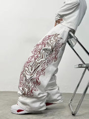 Unisex White Red Tribal Flame Print Loose Wide Leg Jeans Y2K Grunge Streetwear Oversized Denim Pants