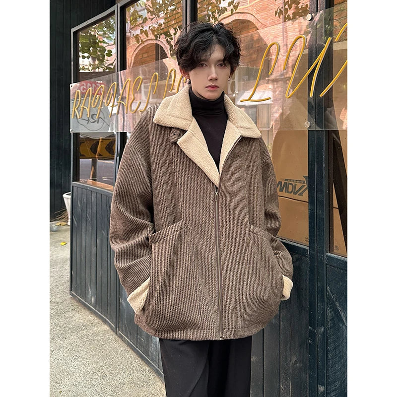 Berber Fleece Jacket Parka Coats Multi-pockets Stand Collar Casual Thick Warm Jacket Man Khaki/Dark Gray