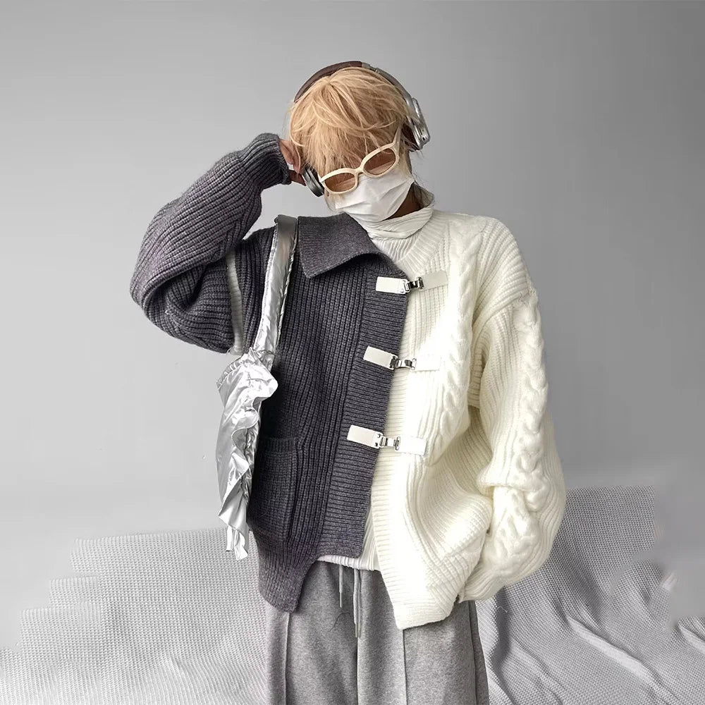 Sweater Y2k Splicing Button Knitted Jacket Niche Streetwear Soft Knitwear Personality Youthful Casuals Clothing