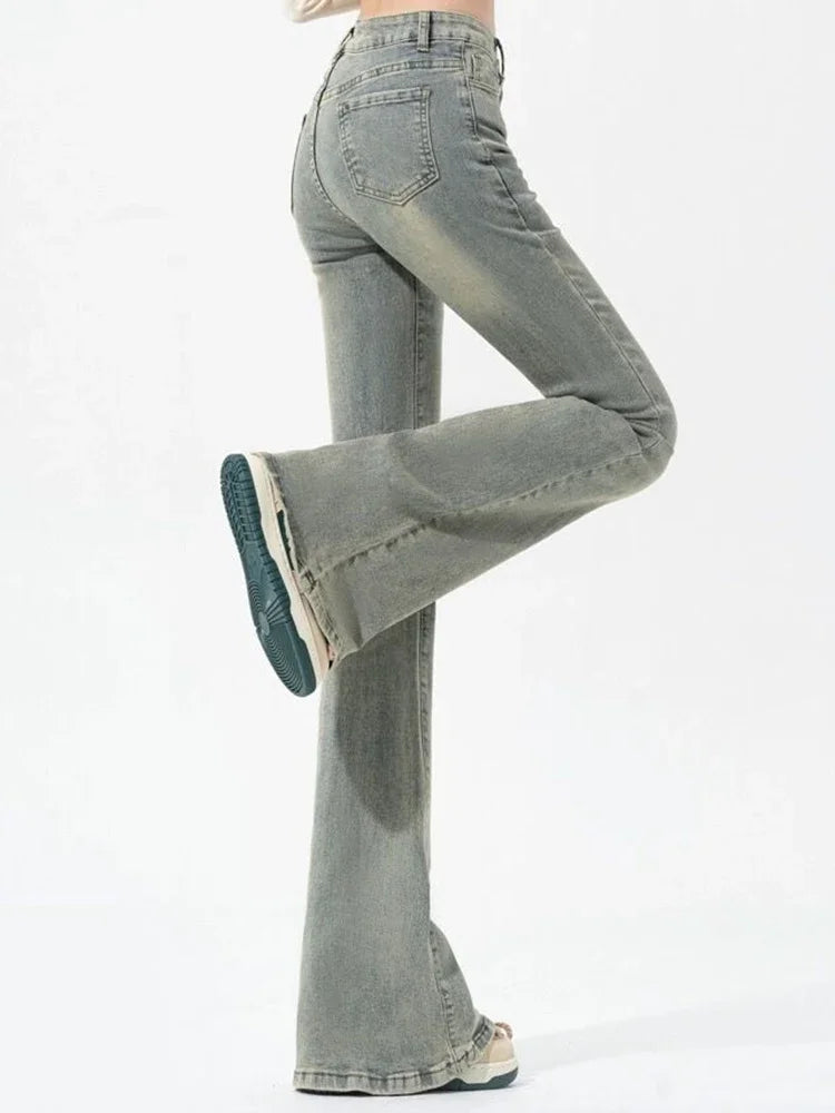 Ins Korean High Waist Flared Jeans High Street Boot Cut Pants Lady Y2k 2000s Yellow Denim Bell Bottom Trousers
