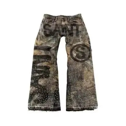 Solid Color Washed Geometry Floral Embroidery Element Baggy Wide-leg Jeans Commute Korean Style Straight-leg Jeans