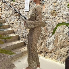 Round Collar Long Sleeve Wrap Dress Knitting Hollow Out Beachwear Cover Up Holiday Beach Elegant Long Dress