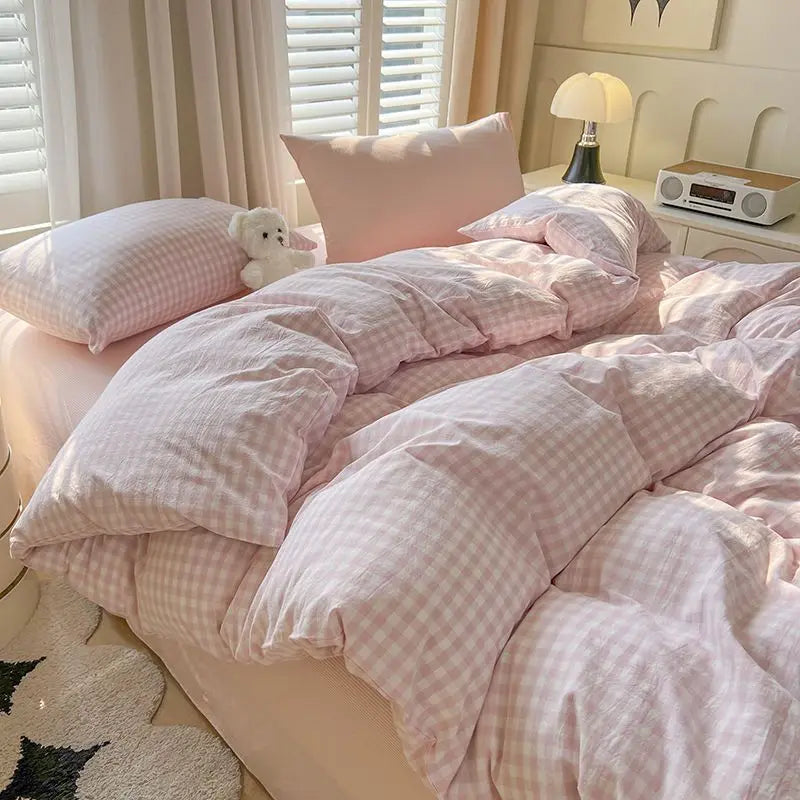 Simple Bedding Set Plaid Sold Color Single Queen Size Duvet Cover No Filling Boys Girls Flat Sheet Pillowcase Kit