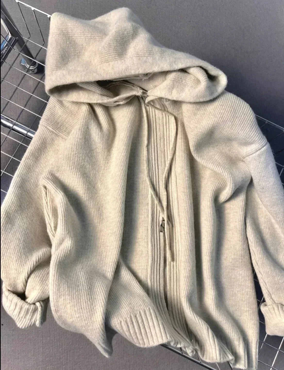 Gray Hooded Sweater Coat Double Zipper Long Sleeve Loose Korean Soft Thickened Knitted Tops Coats