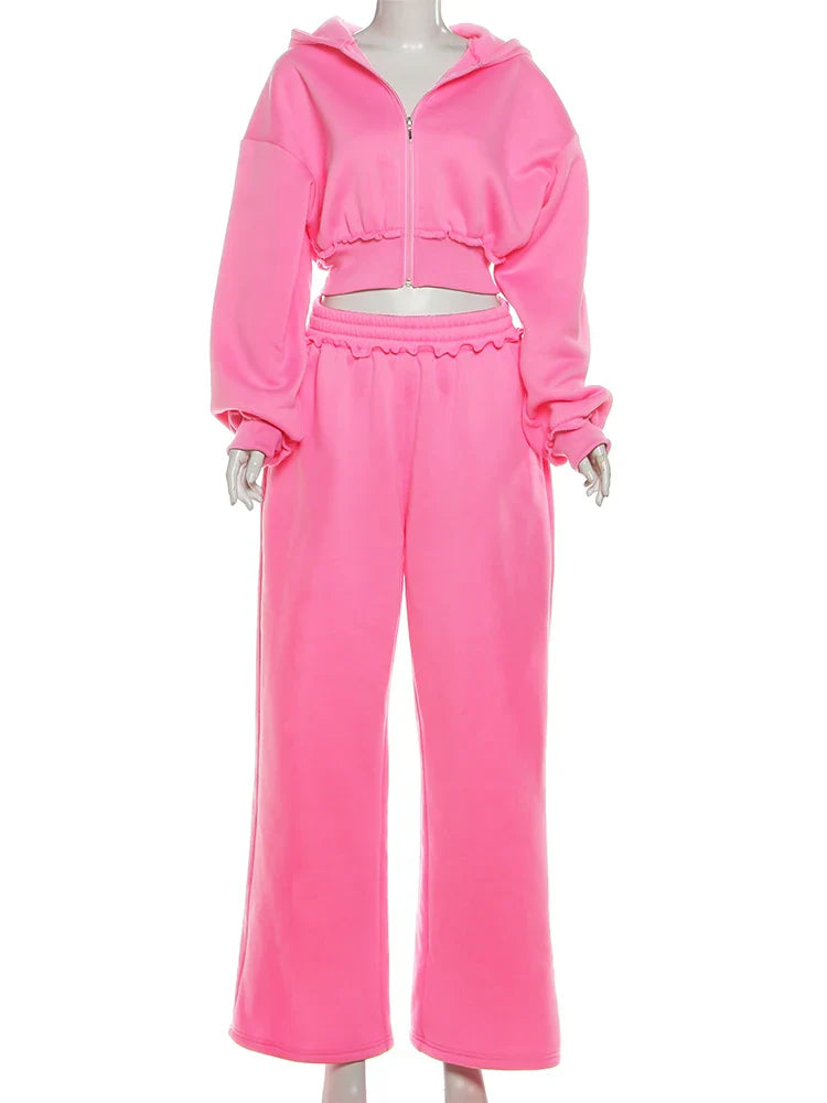 Kliou Casual Sporty 2 Piece Set Zip Cardigan Full Sleeve Hooded Crop Jacket+Elastic Waist Long Pants Daily Outfits