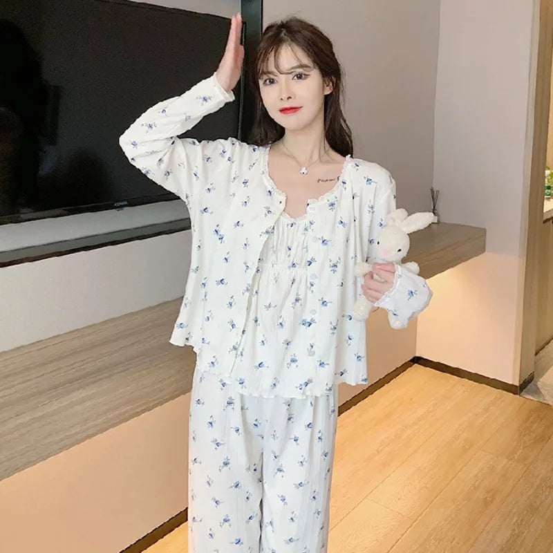 Three Piece Cotton Pajamas Long Sleeve Trousers Floral Student Loungewear Large Size Romantic Nightwear Sexy