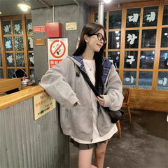 Retro American Plaid Splicing Hoodie Oversize Loose Lazy Style Open Cardigan Coat Polyester Fiber