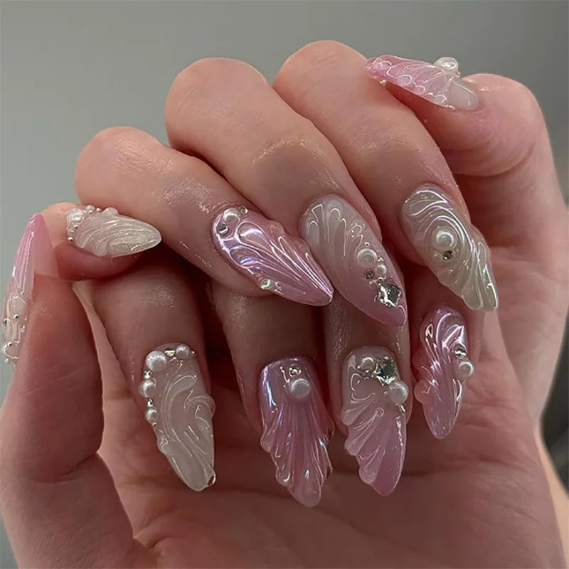 Blue White French 3D Flower Shell Nail Art Beach Almond False Nails Detachable Finished Fake Nails Press on Nails