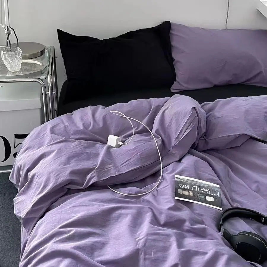 Bedding Set Ins Ambiance Blue Coffee Grid Mixed With Washed Cotton Minimalist Four Piece Set Fitted Sheets Duvet Cover