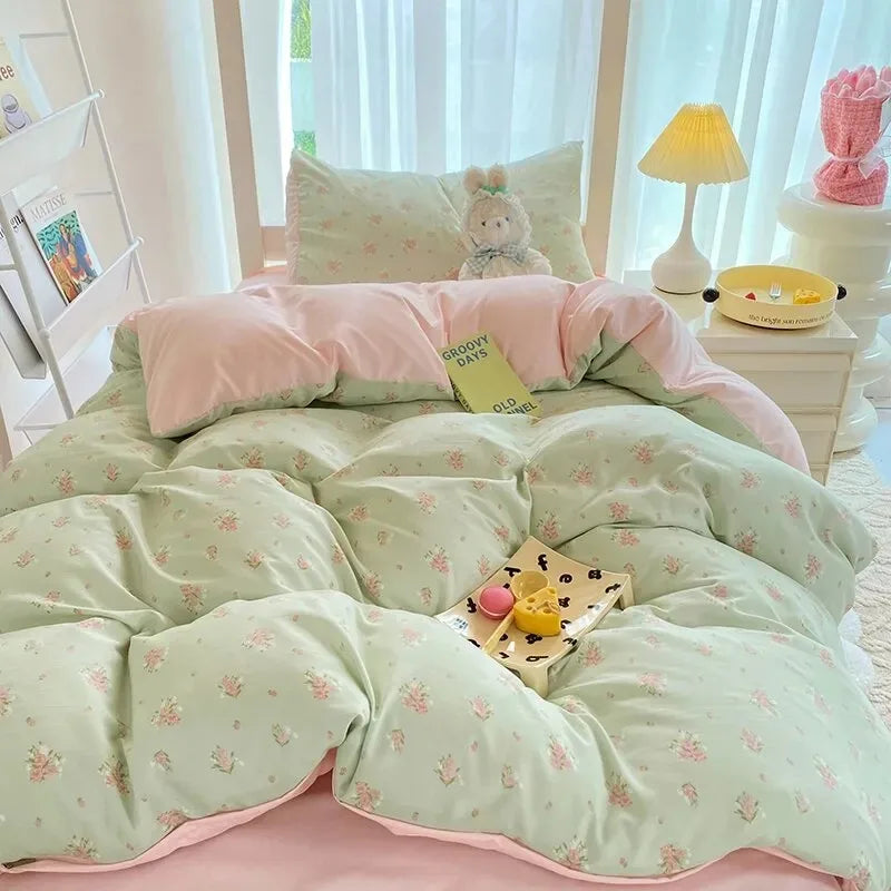 Ins-style Class A ultra-soft double-layer yarn washed cotton 4-piece set, cute quilt cover, student dormitory single