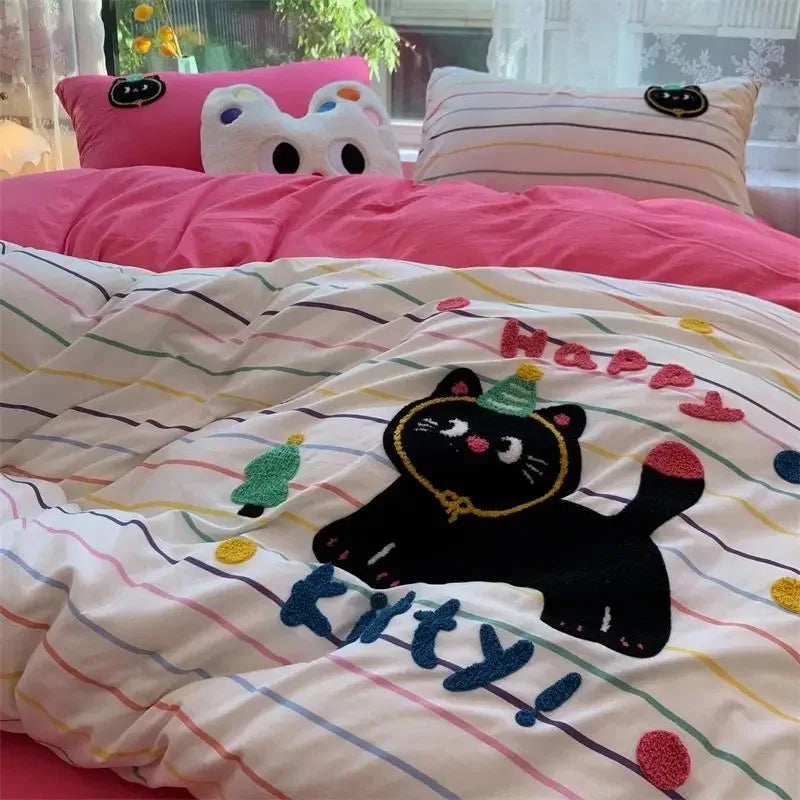 Korean Style Bedding Set Green Strip Black Cat Embroidery Washed Cotton Duvet Cover Cute Cardboard Bed linen Comforter Sets